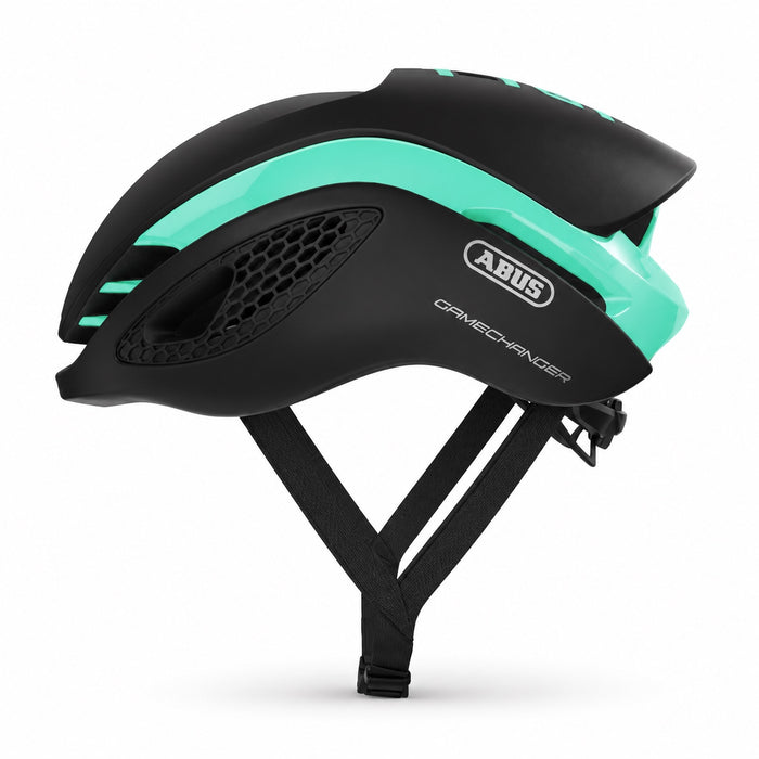 ABUS GameChanger road cycling helmet in Celeste Green, side profile