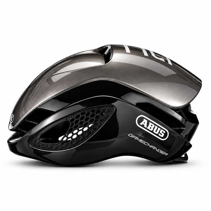 ABUS GameChanger dark grey and black aero cycling helmet, side view with clear GameChanger logo