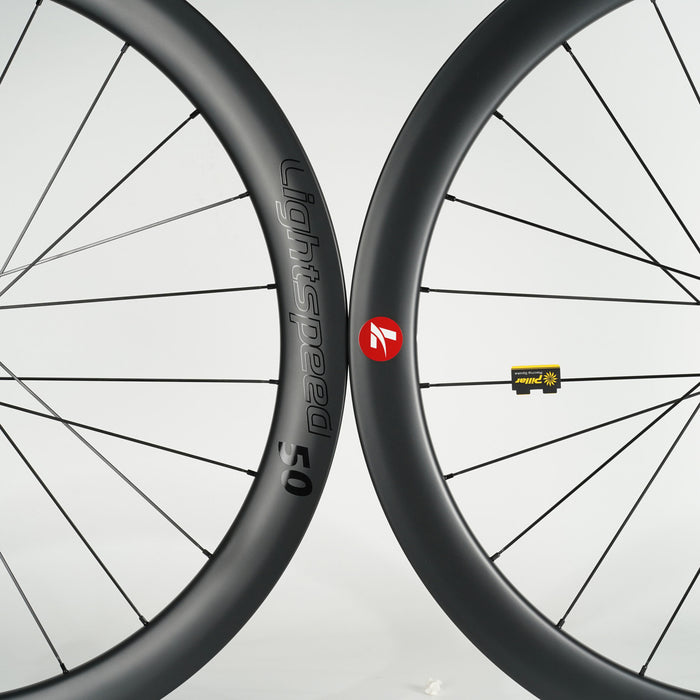 Close-up LightSpeed 50mm carbon wheel rim decals and branding